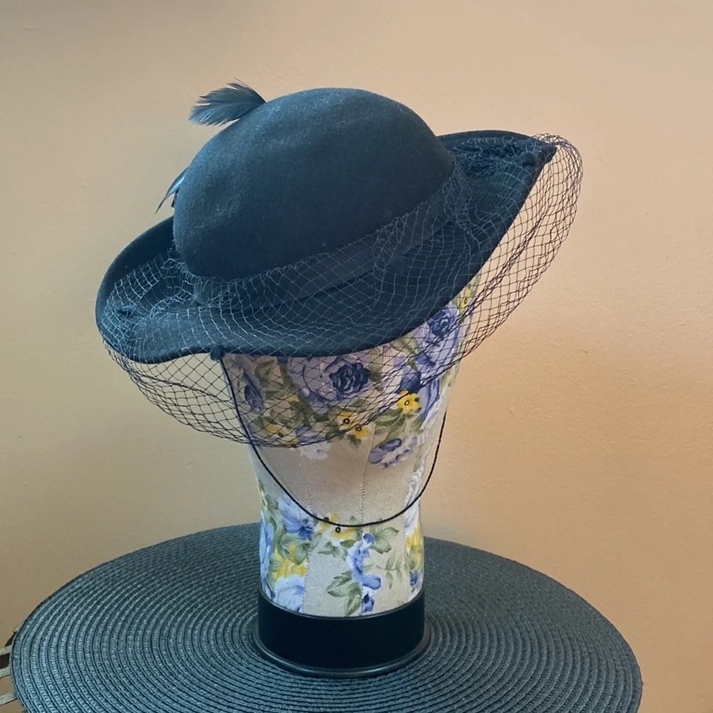VTG Black Wool Victorian Hat Birdcage Dot Veil Bow - Picture 6 of 14